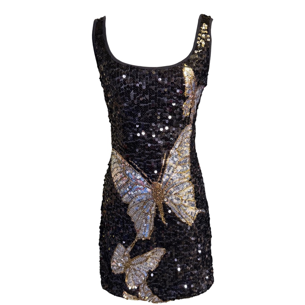 Vintage Mini Dress Women S/M Black Good Sequin Butterfly Y2K Clubwear Whimsigoth